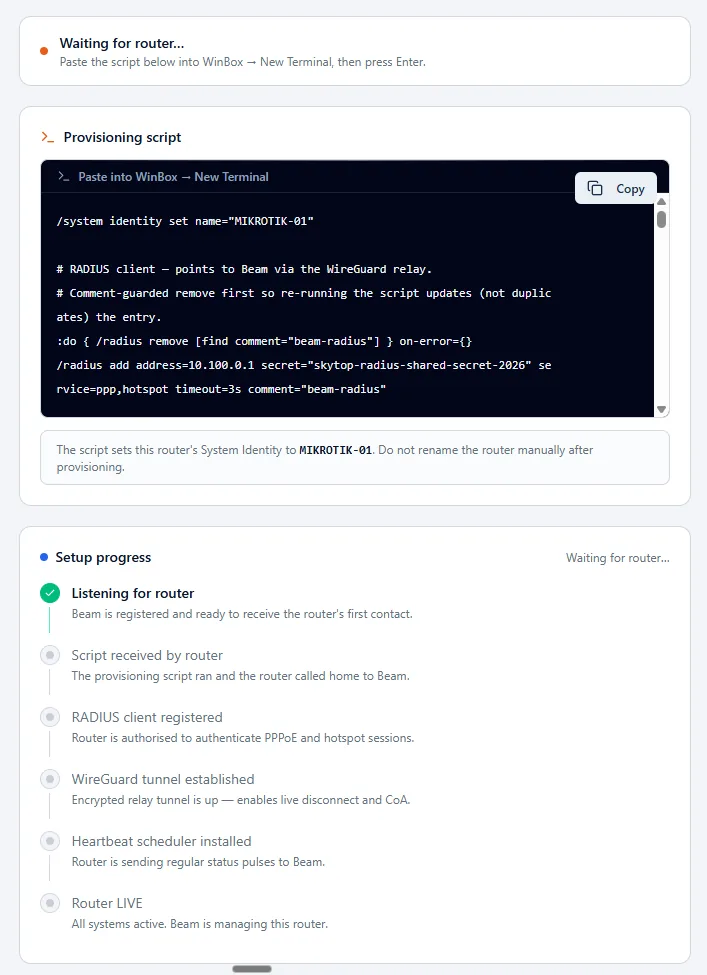 Beam provisioning script and live router setup progress